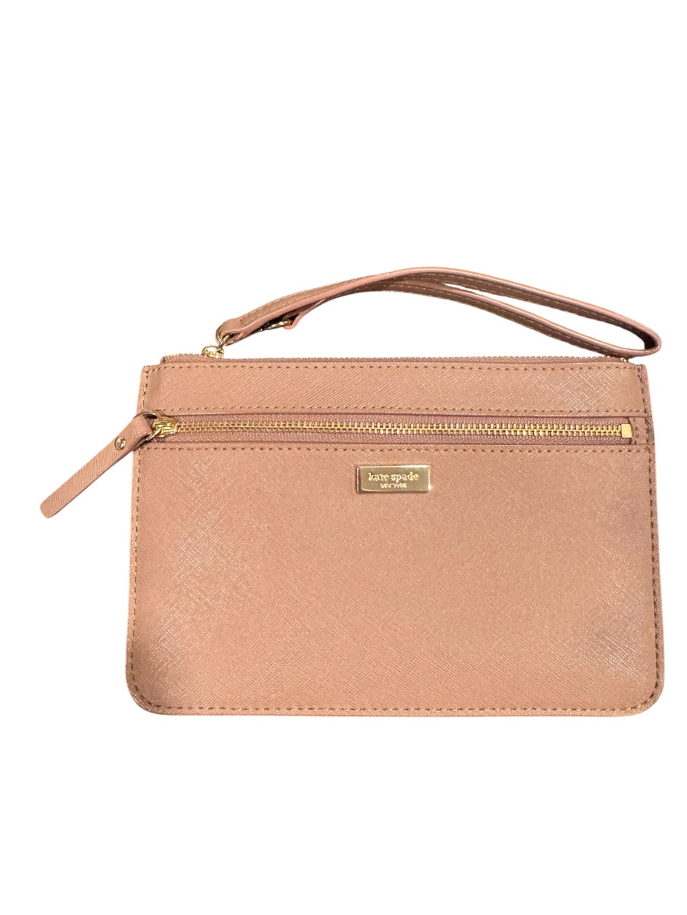 kate spade blush metallic wristlet clutch with gold hardware